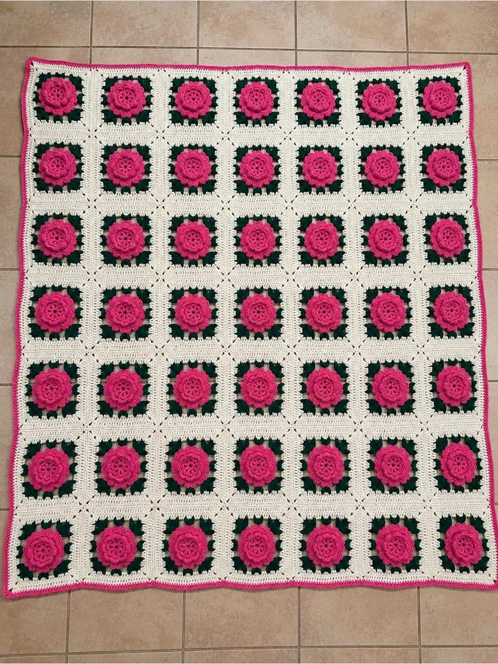 Handmade Crochet Rose Granny Square Throw Blanket Pink Floral Cottagecore 55x65
